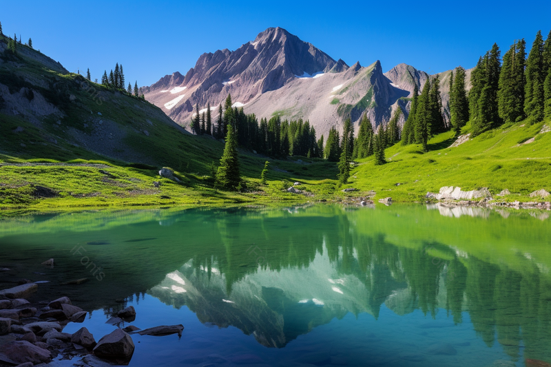 平静的景色山湖边岩石平静的水中倒映山峰景象,高清,摄影图,摄影图片,图片大全,摄影图免费下载